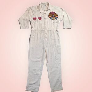 Vtg DEE California Jumpsuit Womens M Cream Artsy Embroidered Cotton Boilersuit